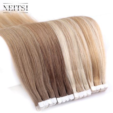 Neitsi Mini Tape In None Remy Human Hair Adhesive Extension 12" 16" 20" 10/20/40pcs 13 Colors Straight Weft Natural Hair